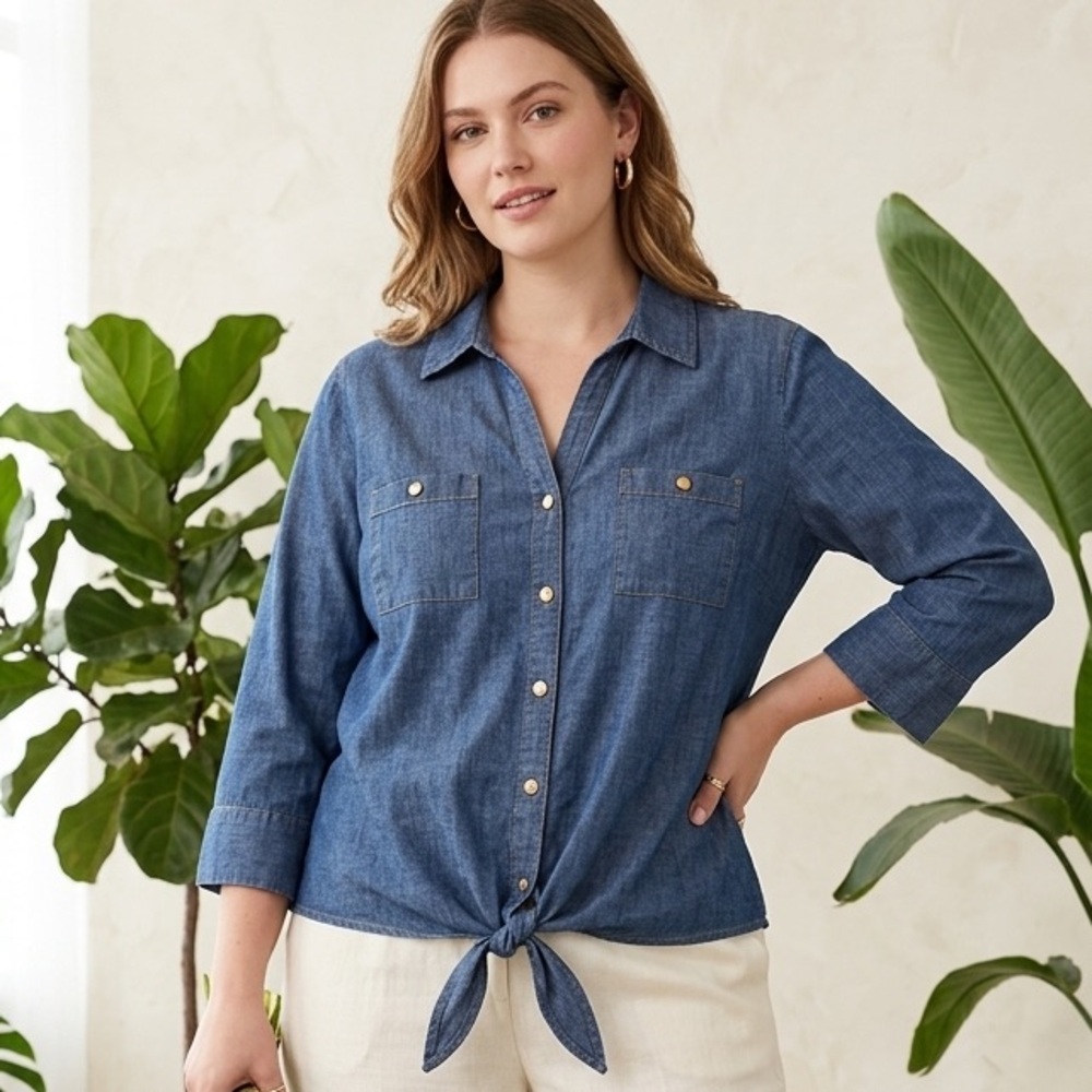 Anne Klein Women's Blue Tie-Front Button-Down Chambray Shirt